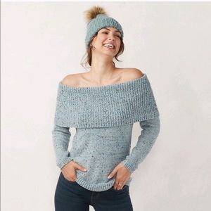 Lauren Conrad off the shoulder blue sweater